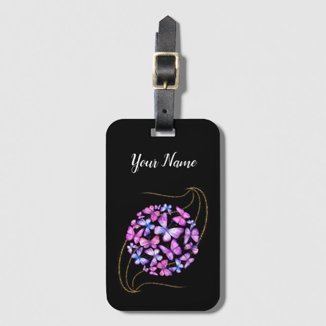 Beautiful Watercolor Butterflies with Gold Bling Bagagebricka (Framsida vertikal)