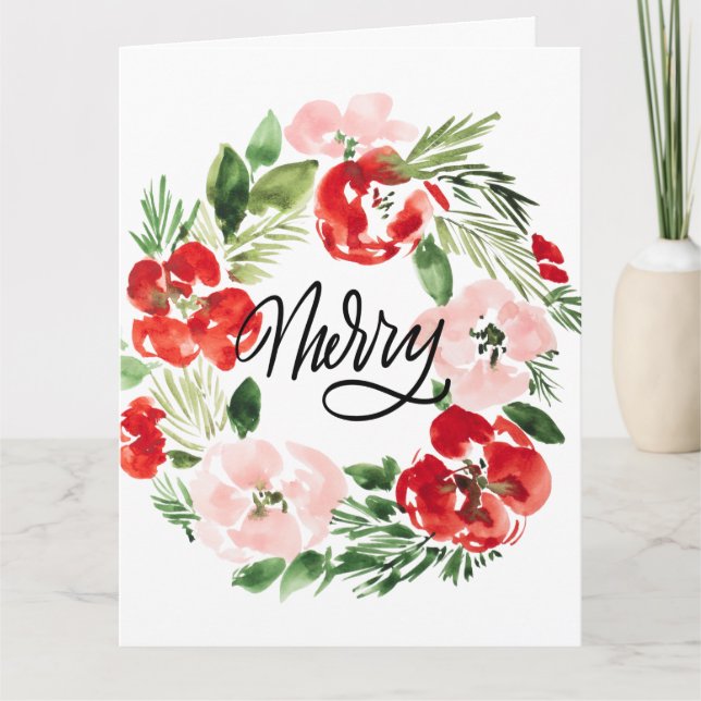 Beautiful Watercolor Christmas wreath Merry Kort (Framsida)