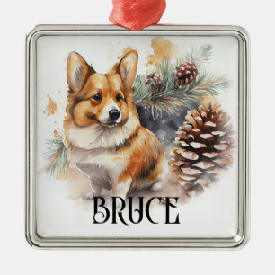 BEAUTIFUL WATERCOLOR PEMBROKE WELSH CORGI HUND JULGRANSPRYDNAD METALL
