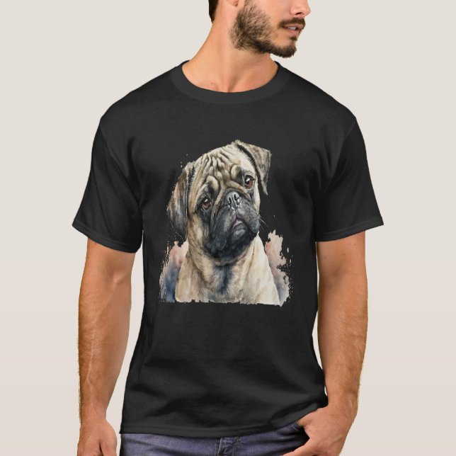 Beautiful Watercolor Pug Portrait T Shirt (Framsida)