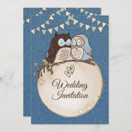 Beautiful Wedding Blue Brown Owl Glitter Inbjudningar