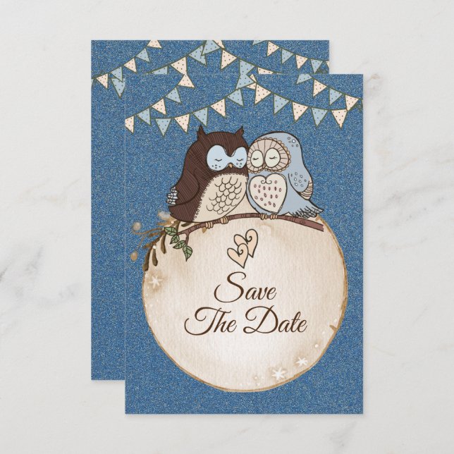 Beautiful Wedding Blue Brown Owl Glitter Save The  Spara Datumet (Fram/baksida)