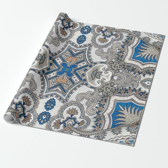 Beautiful white and blue arabesque, islamic patter presentpapper (Utrullad)