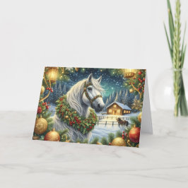 Beautiful White Horse and Christmas Wreath Helgkort