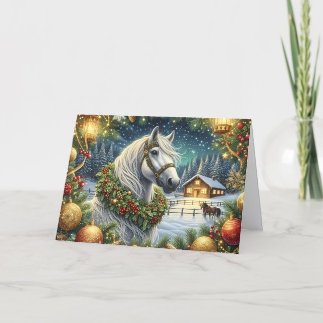 Beautiful White Horse and Christmas Wreath Helgkort (Framsida)