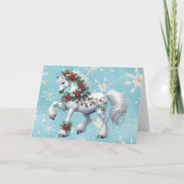 Beautiful White Horse and Holly Christmas Helgkort