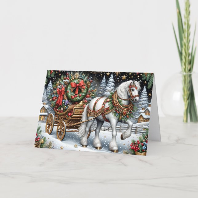 Beautiful White Horse Pulling Sleigh Helgkort (Framsida)