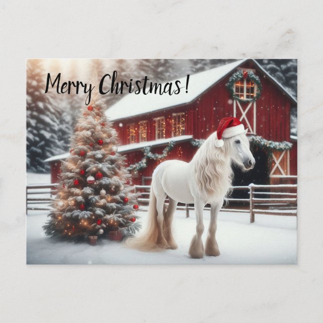 Beautiful white horse wearing a santa sat vykort (Framsida)