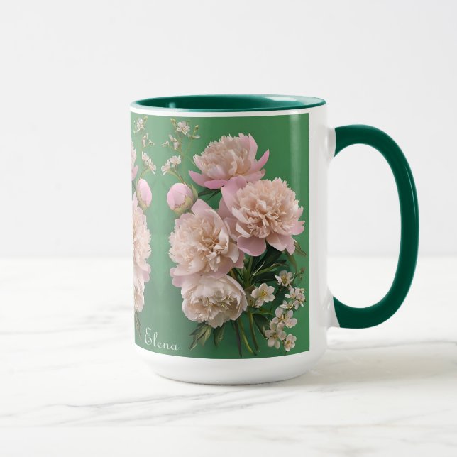 Beautiful White & Pink Peonies Name Monogram Mugg (Höger)