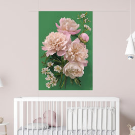 Beautiful White & Pink Peonies On Green Background Poster