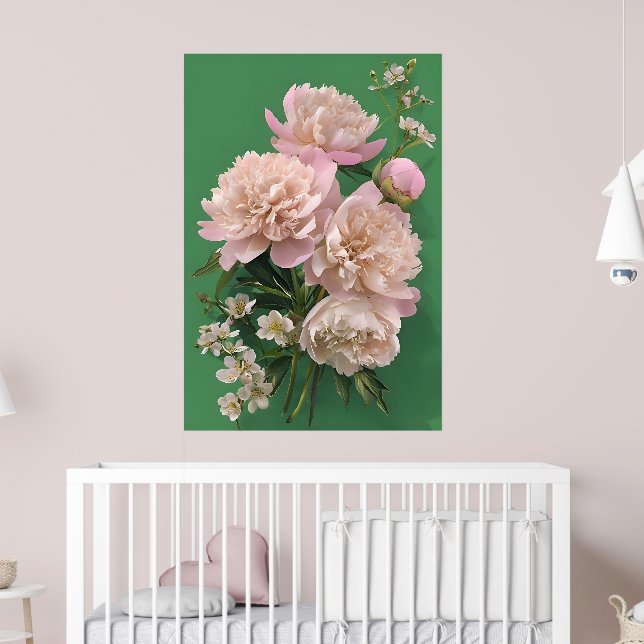 Beautiful White & Pink Peonies On Green Background Poster (Barnkammare 2)