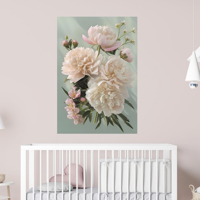 Beautiful White & Pink Peonies On Green Background Poster (Barnkammare 2)