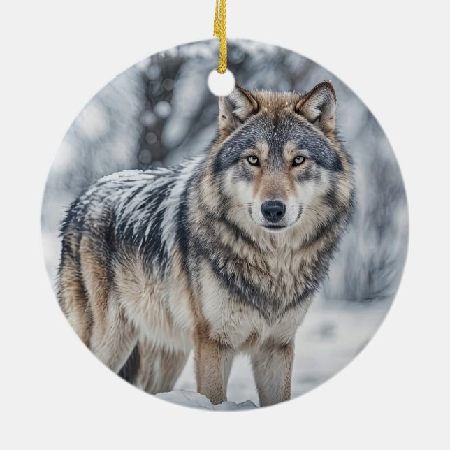 Beautiful Wolf in Snow Christmas Holiday Julgransprydnad Keramik (Baksidan)