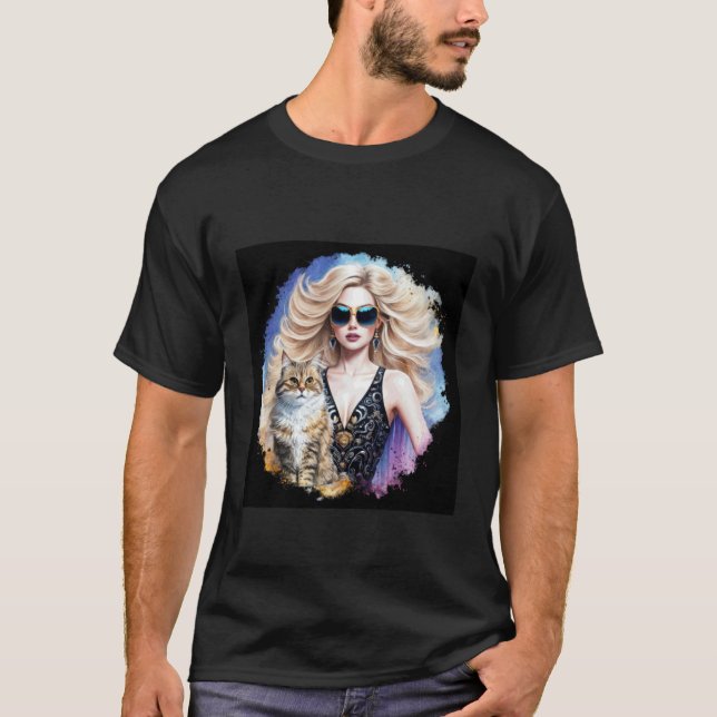 Beautiful Woman and Sweet cat T Shirt (Framsida)