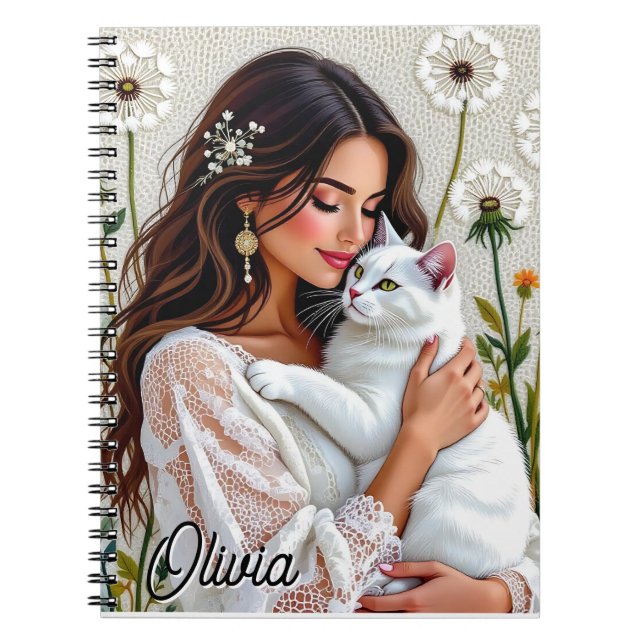 Beautiful Woman, Cat and Dandelions Personalized Anteckningsbok (Framsidan)