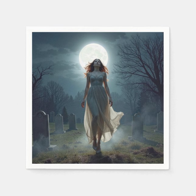 Beautiful Woman Walking In a Moonlit Cemetery Pappersservett (Framsidan)