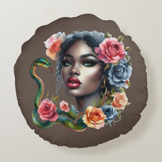 beautiful women and snake cushion rund kudde (Baksidan)