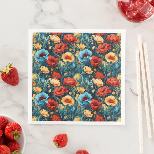 Beautiful Yellow Blue and Red Flowers Pattern Pappersservett (Insitu)