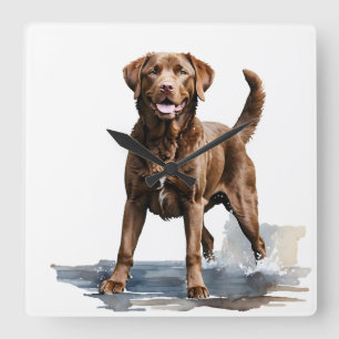 BEAUTIFULLT BROWN CHESAPEAKE BAY RETRIEVER HUND FYRKANTIG KLOCKA