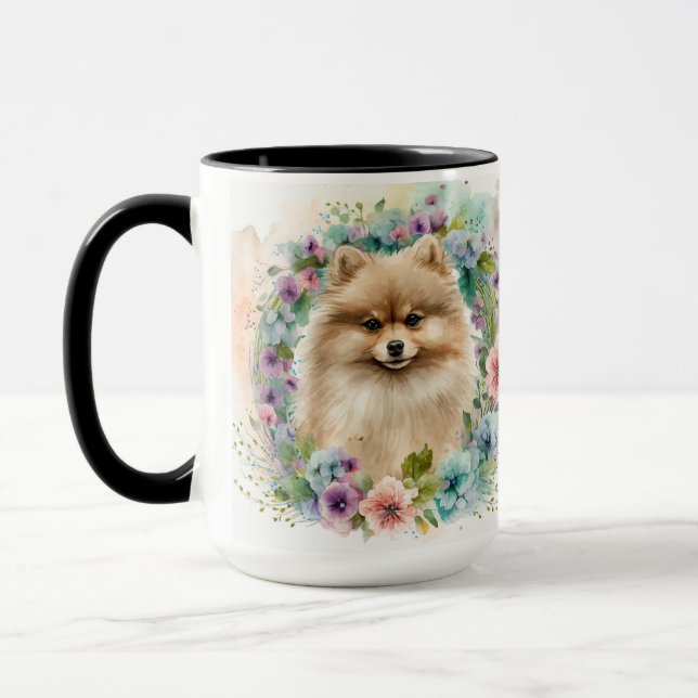 BEAUTIFULLT FLUFFY WATERCOLOR POMERANIAN HUND MUGG (Vänster)