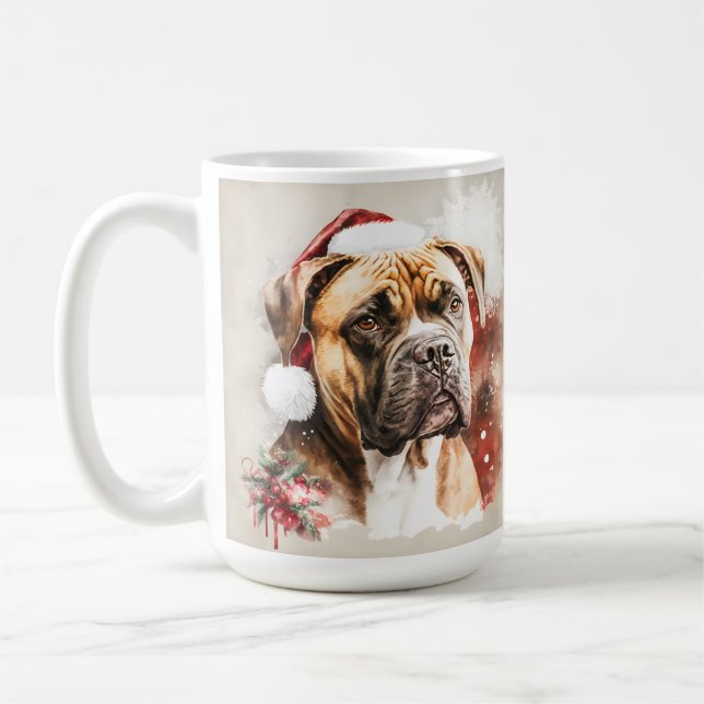 BEAUTIFULLT VATTENFÄRG CHRISTMAS BOXER HUND KAFFEMUGG (Vänster)
