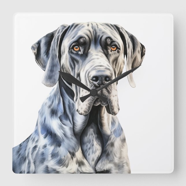 BEAUTIFULLT VATTENFÄRG GREAT DANE HUND FYRKANTIG KLOCKA (Framsida)