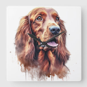 BEAUTIFULLT VATTENFÄRG RÖD IRISH SETTER HUND FYRKANTIG KLOCKA