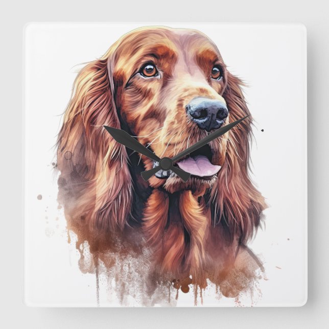 BEAUTIFULLT VATTENFÄRG RÖD IRISH SETTER HUND FYRKANTIG KLOCKA (Framsida)