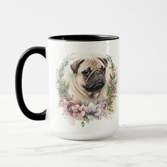 BEAUTIFULLT VATTENFÄRG TAN PUG HUND ANSIKTE MUGG (Vänster)
