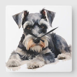 BEAUTIFULLT VATTENFÄRGMINIATURE SCHNAUZER HUND FYRKANTIG KLOCKA