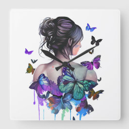 BEAUTIFULLT VATTENFÄRGSKVINNA MED SMÖR FYRKANTIG KLOCKA