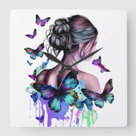 BEAUTIFULLT VATTENFÄRGSKVINNA MED SMÖR FYRKANTIG KLOCKA