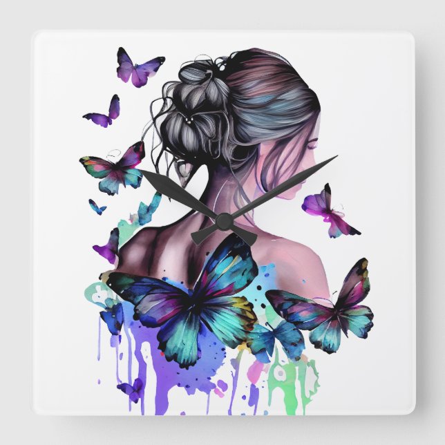 BEAUTIFULLT VATTENFÄRGSKVINNA MED SMÖR FYRKANTIG KLOCKA (Framsida)