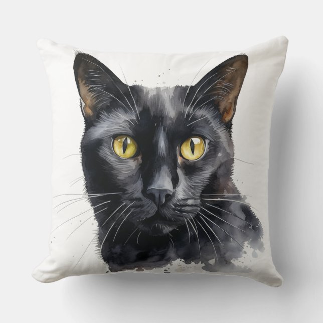 BEAUTIFULLT VATTENFÄRGSVART CAT ANSIKTE KUDDE (Framsida)