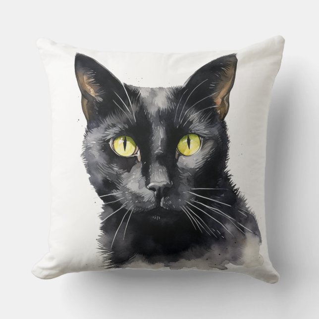 BEAUTIFULLT VATTENFÄRGSVART CAT ANSIKTE KUDDE (Framsida)