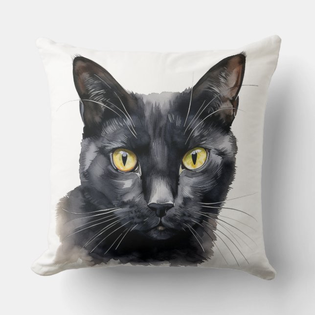 BEAUTIFULLT VATTENFÄRGSVART CAT ANSIKTE KUDDE (Framsida)