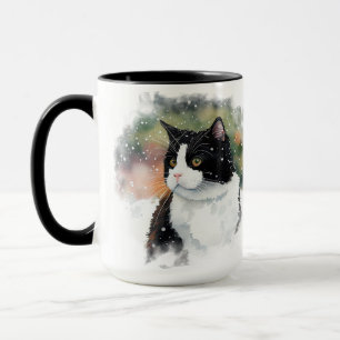 BEAUTIFULLT VATTENFÄRGSVART VITT TUXEDO CAT MUGG