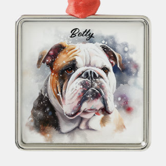 BEAUTIFULLT VATTENKOLOR SNOWY BULLDOG HUND ANSIKTE JULGRANSPRYDNAD METALL