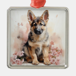 BEAUTIFULLT VATTERCOLOR TYMAN SHEPHERD PUPPY HUND JULGRANSPRYDNAD METALL