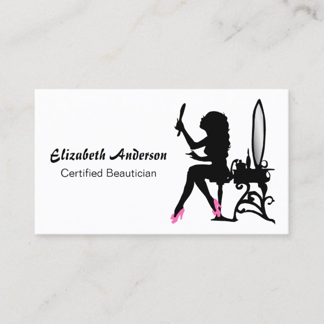 Beautiker Rosa och svart Girly Hair Stylist Visitkort (Framsida)
