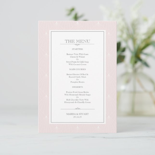 Beautiul Pastel Rosa Bröllop Menu Art Deco Kort (Stående Fram)