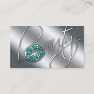 Beauty Affärskort Teal Gnistra Läppar Silver Tex Visitkort