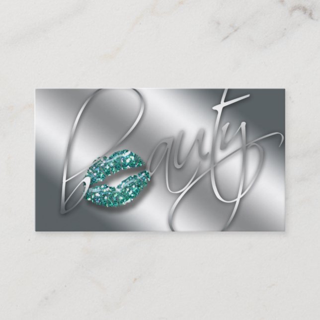 Beauty Affärskort Teal Gnistra Läppar Silver Text Visitkort (Framsida)