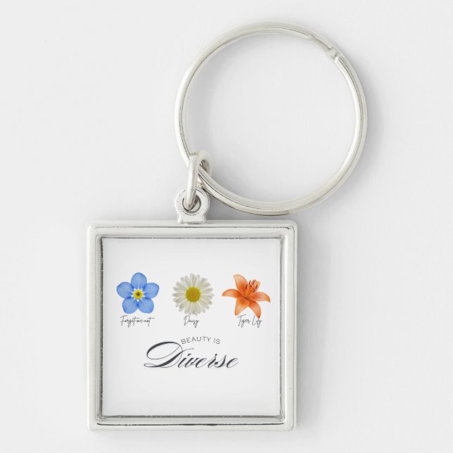 Beauty är Diverse Fyrkantig Silverfärgad Nyckelring (Framsidan)