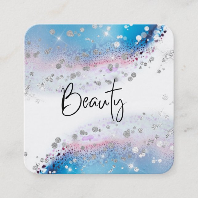 *~* BEAUTY - Blue Watercolor Pastel Silver Glitter Fyrkantigt Visitkort (Framsida)