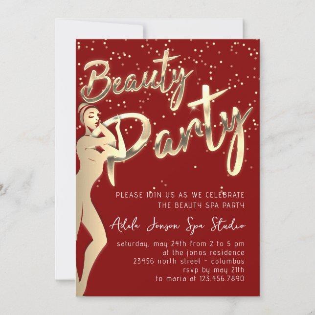 Beauty Body Party snabbhämtning Guld Burgundy Inbjudningar (Framsida)
