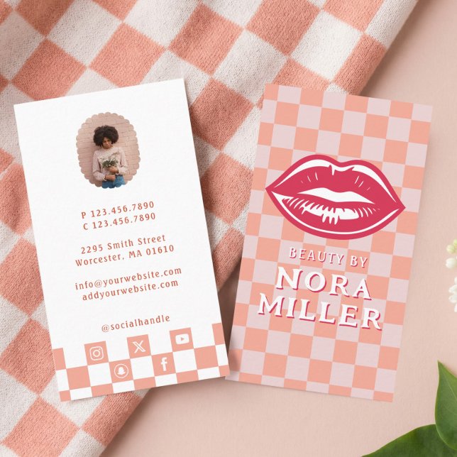 Beauty By Retro Pink Checkerboard Lips Makeup Visitkort (Beauty By Retro Pink Checkerboard Lips Makeup Business Card)