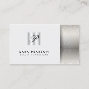 Beauty Consultant Elegant Silver Monogram Damask Visitkort