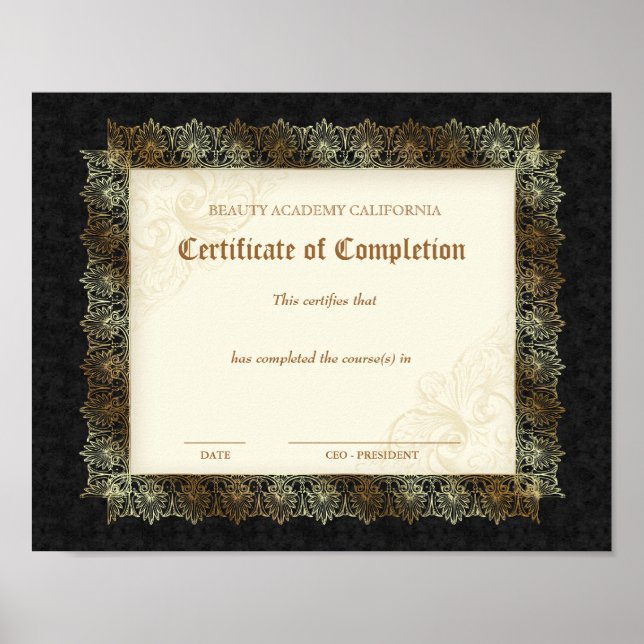 Beauty Diploma Certificate of Complete Black Poster (Framsidan)