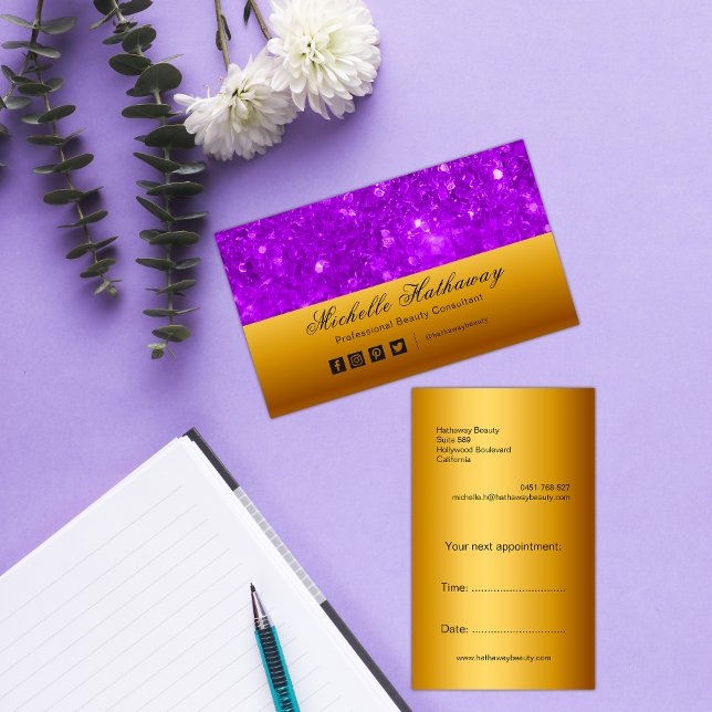 Beauty guld och Lila Glitter Visitkort (Skapare uppladdad)